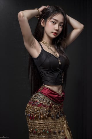 1girl, solo, long hair, black hair, jewelry, arms up, bracelet,MyanmarTraditionalDress