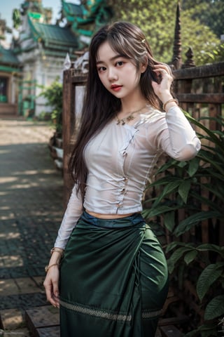 wearing acmmsayarma outfit, acmmsayarma ,Myanmar model ,long_hair,bracelet,outdoor,((green long skirt)),realistic,4k,detailed,((Poses:random)),((upper body)),road