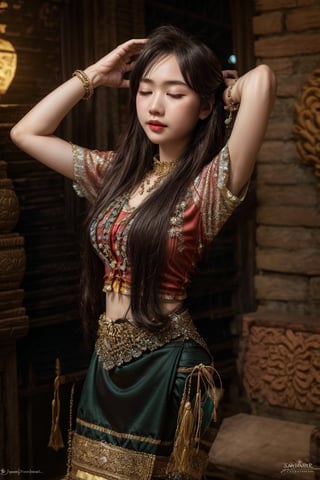 1girl, solo, long hair, black hair, jewelry, closed eyes, arms up, bracelet,MyanmarTraditionalDress