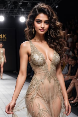 (4k,realistic, RAW photo, best quality: 1.4), (1girl), beautiful face, (realistic face), short side cascading hairstyle, hair strand, realistic blue eyes, detailed eyes, (realistic skin), beautiful skin, fair skin, glistening skin, slender chest, neval, a girl in fashion show, ramp walk, dresses, hot_dresses sexy_ dress high heels, full-body_portrait