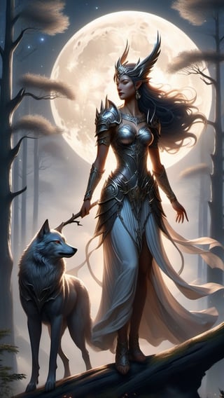 Within the tranquil embrace of moonlit forests, Artemis, goddess of the hunt, appears as a graceful silhouette against a backdrop of towering trees and shimmering moonbeams. Her figure exudes strength and independence, symbolizing the wild beauty of nature and the hunt. At her side an imponet wolf.
4k