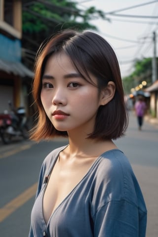1girl, solo, she is standing at a crossroads in vietnam, half-length portrait photography, japanese idle, 25 years old, slightly fat, a tear nevus under the tail of the left, backlight outline of hair, right-side light shot, realhands,nhat binh