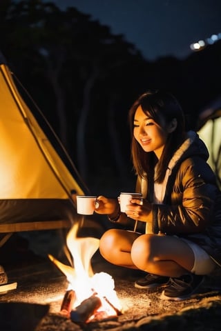 japanese girl 28 years old, Roasting marshmallows and drinking coffee at the campsite at night