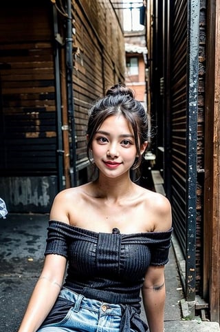 masterpiece, best quality, 16K HDR, 1 girl, solo, beautiful detailed eyes, bun, natural soft light, exquisite facial features, smile, looking at viewer, wearing off-shoulder new style  clothing, elegant model pose, outdoor,  Alley street background,oska