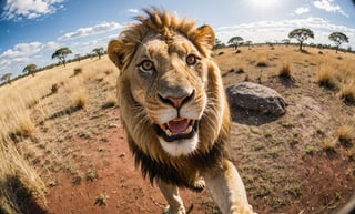 A (lion) in a (Savannah) taking a selfie with a fisheye lens 16:9
