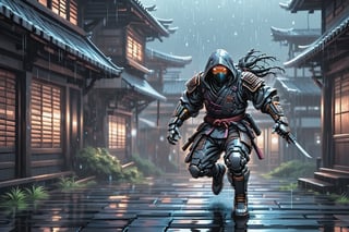 a ninja cyborg rush towards a human ninja, both in fighting stances, it's raining heavily 