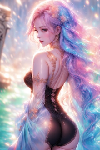 sexy girl,black open gothic dress. In the background, the river is rushing violently. Detailed eyes, detailed image, detailed skin; slut smile. colored long hair, gold hairpin. purple eyes. A well-proportioned and beautiful whore's body. sunrise,pastel colors, Beautiful, masterpiece, the most open body, pink hair, ass in frame, red underwear,1 girl,rainbowhair