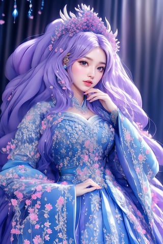 In a digital art style, this piece portrays an ethereal female figure adorned in elaborate, traditional-inspired attire. The artist employs intricate detailing and vibrant colors. The composition centers on the figure’s upper body and face. The subject has flowing, wavy lavender hair, accented with an ornate headpiece featuring purple jewels and cherry blossoms. Her attire is a luxurious, embroidered gown in shades of blue and violet with floral motifs. The background is a soft, dark gradient that emphasizes her delicate features and accessories. The artwork combines elements of fantasy and elegance, creating a visually stunning and regal image.