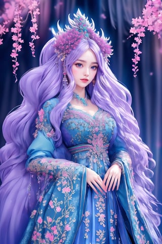 In a digital art style, this piece portrays an ethereal female figure adorned in elaborate, traditional-inspired attire. The artist employs intricate detailing and vibrant colors. The composition centers on the figure’s upper body and face. The subject has flowing, wavy lavender hair, accented with an ornate headpiece featuring purple jewels and cherry blossoms. Her attire is a luxurious, embroidered gown in shades of blue and violet with floral motifs. The background is a soft, dark gradient that emphasizes her delicate features and accessories. The artwork combines elements of fantasy and elegance, creating a visually stunning and regal image.