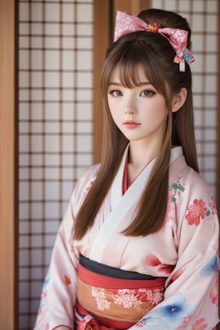 1girl, solo, long hair, looking at viewer, blush, brown hair, bow, jewelry, closed mouth, upper body, hair bow, japanese clothes, indoors, kimono, blurry, bracelet, lips, black bow, depth of field, blurry background, floral print, head rest, realistic, tatami, sliding doors