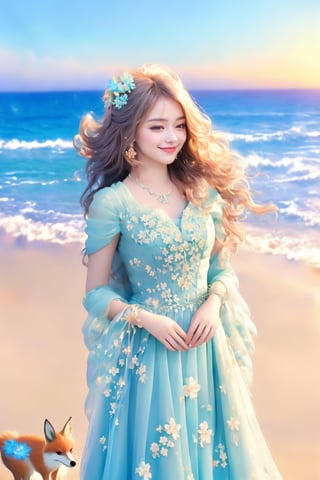 This digital artwork by FOXMAN features a photorealistic style with a soft, ethereal quality. The composition focuses on a graceful young woman with flowing hair, adorned in a delicate, light blue gown decorated with intricate floral patterns. The subject stands against a serene beach backdrop, where the ocean waves and a subtle sunset imbue the scene with a calming glow. Her gentle smile adds a touch of warmth to the imagery. The artist's logo, depicting a stylized fox, is visible in the bottom right corner, adding a signature touch to this enchanting piece.
