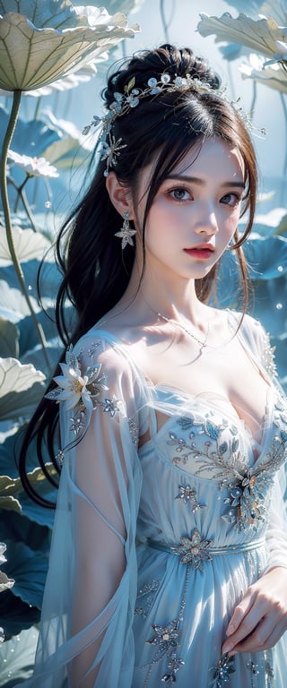 The image is a digital artwork exhibiting a highly detailed and realistic anime/manga style. The composition centers on a delicate young woman with large, expressive eyes, styled hair adorned with flowers, and intricate, crystalline adornments. The background features a mystical, icy ambiance with soft, glowing light and bokeh effects resembling an ethereal forest or ice cave. The combination of floral and ice elements highlights a contrast between warmth and cold, likely symbolizing a fantastical character in a dreamy, surreal setting. The intricate details and ethereal light give the piece a magical, otherworldly quality.