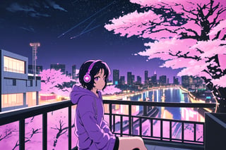 /imagine prompt: A teenage girl wearing oversized headphones and a large hoodie, with a purple hue illuminating her, sitting on a railing, gazing at the starlit sky, cherry blossoms in the background, urban cityscape with a river, Vaporwave style, digital art --ar 16:9