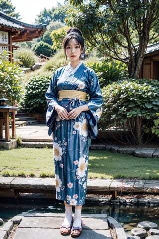 A woman wearing a blue Japanese Kimono, japanese white socks, japanese wooden slippers, stands in a japanese garden, posing while looking at the audience, detailed, time is dusk, golden hour,better_hands