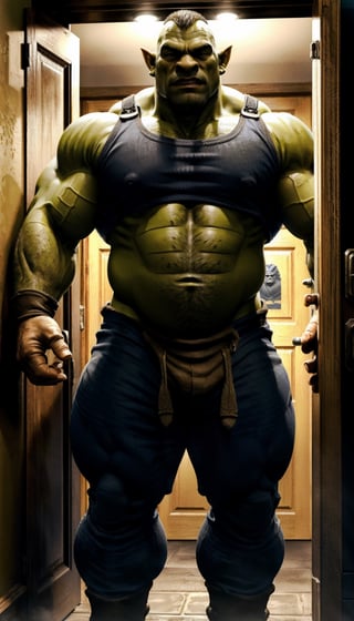 a chubby man style (tall chubby mature orc)(tall chubby bold orc)(chubby muscle orc) police officer, wearing police uniform. detailed. masterpiece. high resolution. realistic, dynamic lighting. muscle gut, moobs, leaning on a doorframe,