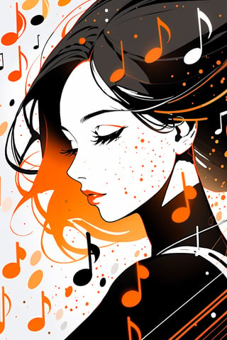 close up of a beautiful woman, face only, monochrome, subtle orange, silhouette, music notes falling around her,