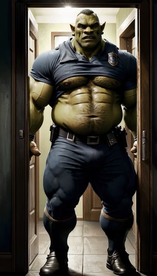 a chubby man style (tall chubby mature orc)(tall chubby bold orc)(chubby muscle orc) police officer, wearing police uniform. detailed. masterpiece. high resolution. realistic, dynamic lighting. muscle gut, moobs, leaning on a doorframe,