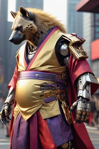 ultra hyper detailed,hyper Realistic
future punk-style cyborg animal､overweight high-tech cyborg male Elder hyena, military style golden and RED and metallic purple layered kimono, cyberpunk style,mecha, 
Massive battle scene ,anthro,zavy-cbrpnk