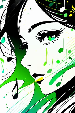 close up of a beautiful woman, face only, monochrome, subtle green, silhouette, music notes falling around her,