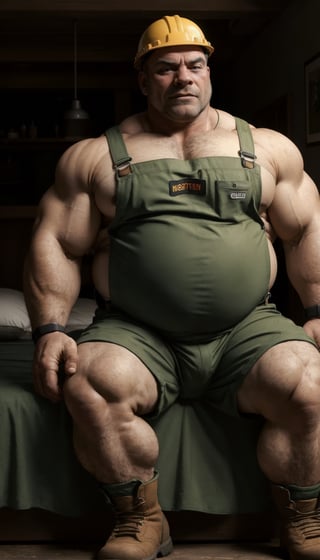 a chubby man style (chubby mature man )(chubby bold man )(chubby muscle man) (wearing green suspenders) construction worker. wearing a hard hat and boots. detailed. masterpiece. high resolution. realistic, dynamic lighting. muscle gut, holding belly, sat on a bed, moobs,