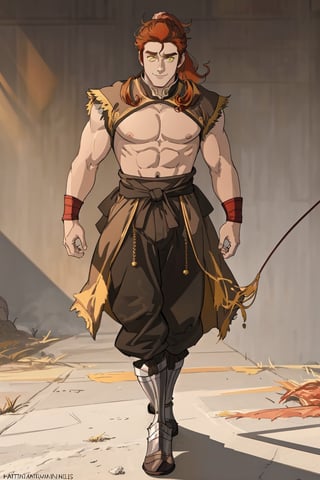 masterpiece, best quality, perfect lighting, best quality, (extremely detailed face), volumetric lighting, intricate details, shadow, tonemapping, sharp focus, hyper detailed, trending on Artstation, (solo) BREAK (male, man, DILF, square shaped body , muscled, big pecs, toned arms, adult, (yellow eyes), (red hair), (ringlets), long hair, (ponytail), veiny arms) BREAK ((medieval clothes)) BREAK ((no background)) BREAK (light smile, walking, full body, front wiew),90s, 1man, 1guy