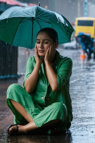 Woman sitting and crying in the rain