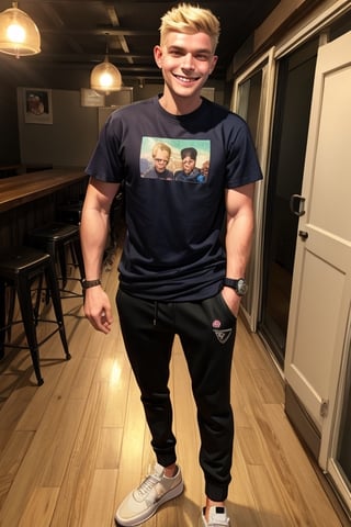 score_7_up,  Realistic photo,
full body , man, 19 years old, blond, (hair:0.2), Shaved, (Beard:0.0),(safe t-shirt:1.2), skinny,  wear a Sweatshirt, sweatpants,  sneakers, wristwatch, He drinks bear in a glass, he is happy, smiling, very happy face, in a nightclub,in front of a very old, falling apart car, cute blond boy, 