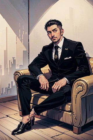 high quality imagem, face photo,  1 man only, 35 years old, he is a private security guard,  wears an elegant lead full suit , tie,  ear stitches, black shoes and his hair is black and cut low.  he  wait, siting in a brown sofa, into the dress shop store, very Surprised face,  white wall in background