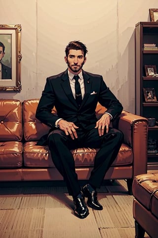 high quality imagem, halp photo, 1 man only, 35 years old, he is a private security guard,  wears an elegant lead full suit , tie,  ear stitches, black shoes and his hair is black and cut low.  he  wait, siting in a brown sofa, into the dress shop store, looking_at_viewer, Admired face