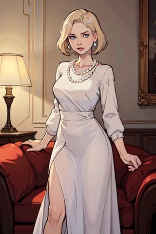 1 woman only, ralf photo, 
Fear, 
elegant, conservative. She has 58-year-old lady with intense blue eyes and ( short light blond hair ), 
wear a long dress and a light white shirt, elegant, made up with a pearl necklace and pearl earrings, they are in the rich living room  she is standing