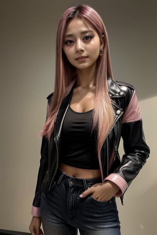 score_7_up,  Realistic full photo, full body,
Black and pink haired woman with pink highlights, long hair, 18 years old, beautiful, makeup, elegant, neckless, earing,  wearing a black Top,  leather jacket and a leather clothes, jeans,  and smoking a vap,  nigthclub, pose, she emits a light source from the hands,  photorealistic,Tzuyu