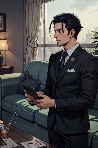 high quality, masterpice, half photo, side view, 1 man only, 35 years old, he is a private security guard,  wears an elegant lead full suit , tie, his hair is black and cut low.  in modern living room, fact at night , Sad face, loking down, raining