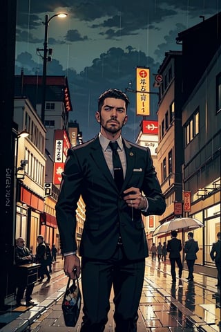 high quality, masterpice, half photo,  1 man only, 35 years old, he is a private security guard,  wears an elegant lead full suit , tie, his hair is black and cut low.  he standy in street, fact at night , Serious face, raining