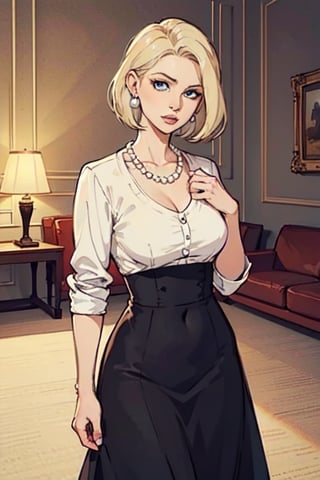 Looks seriously. 1 woman only, elegant, conservative. She is a beautiful 58-year-old lady with intense blue eyes and ( short light blond hair ), dressed in a long dark dress and a light white shirt, elegant, made up with a pearl necklace and pearl earrings, they are in the rich living room , she is standing