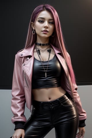 score_7_up,  Realistic full photo, full body,
Black and pink haired woman with pink highlights, long hair, 18 years old, beautiful, makeup, elegant, neckless, earing,  wearing a black Top,  leather jacket and a leather clothes and smoking a vap,  nigthclub, pose,  photorealistic,Tzuyu