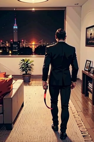 marterpice, high quality imagem, 1 man only, 35 years old, he is a private security guard,  wears an elegant lead full suit , tie, black shoes and his hair is black and cut low.  night
he walk, rich living room, lux, from behind, closed