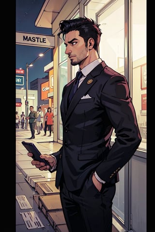 high quality, masterpice, half photo, side view, 1 man only, 35 years old, he is a private security guard,  wears an elegant lead full suit , tie, his hair is black and cut low.  he standy in mall, talk on his cellfone, fact at night , Serious face