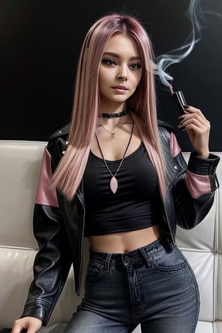 score_7_up,  Realistic full photo, full body,
Black and pink haired woman with pink highlights, long hair, 18 years old, beautiful, makeup, elegant, neckless, earing,  wearing a black Top,  leather jacket and a leather clothes, jeans,  and smoking a vap,  nigthclub, pose,  photorealistic,Tzuyu