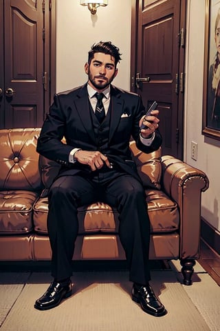 high quality imagem, face photo,  1 man only, 35 years old, he is a private security guard,  wears an elegant lead full suit , tie,  ear stitches, black shoes and his hair is black and cut low.  he  wait, siting in a brown sofa, into the dress shop store, very Surprised face