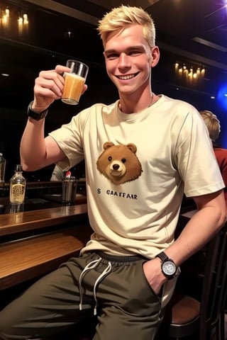 score_7_up,  Realistic photo,
full body , man, 19 years old, blond, (hair:0.2), Shaved, (Beard:0.0),(safe t-shirt:1.2), skinny,  wear a Sweatshirt, sweatpants,  sneakers, wristwatch, He drinks bear in a glass, he is happy, smiling, very happy face, in a nightclub,cute blond boy, 