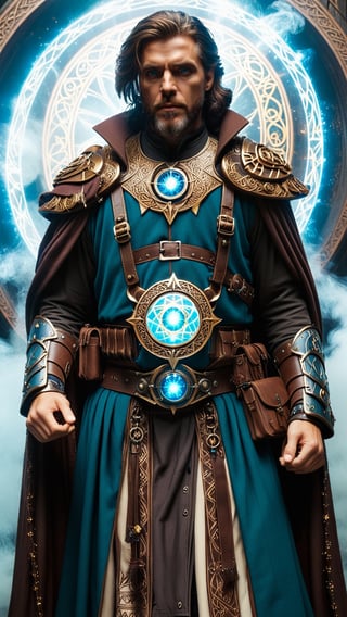 (1man, old adult Scottish male:1.2), blue eyes, shoulder length brown hair, looking up right, solo, full body shot, detailed background, detailed face, trimmed beard, mage, dark cyan light armor robes, friendly expression, cyan color scheme, dark blue light, rock summoning circle, bright magic text, dark atmosphere, shadows, realistic lighting, floating particles, sparks, surrounded by golden ray casting spell, rock summoning, (thick melted candles:0.8), golden arcane symbols, eyes filled with power, bloom, SCG, assassin, cyborg style, Movie Still, cyberpunk style, more detail XL,WizardCoreAI