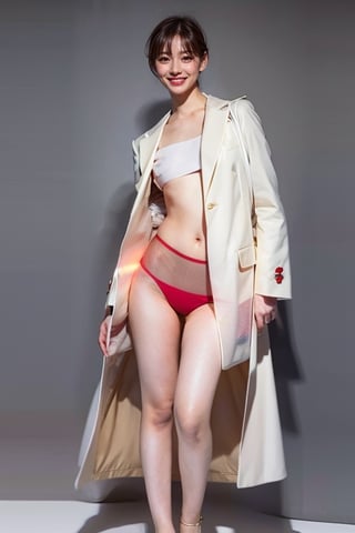 full body,1 girl,solo,looking at viewer,smiling,white transparent coat, red transparent underpants,black short hair, black background,simple background,ultra-detailed, very detailed face, 4K, masterpiece,ARAKI_YUKO,yuk0