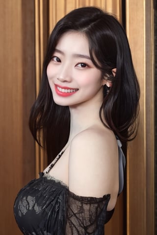 1girl, solo, Dahyun, haunted house, looking at viewer, blunt bangs, ((evil smile)), black nightgown, black night gown, seductive_pose, seduce, photorealistic,boobs,Dahyun,dahyunlorashy