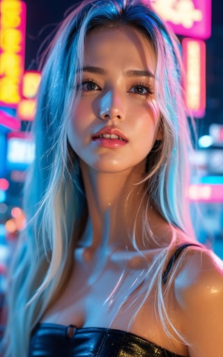 (Best Quality, High Resolution, Masterpiece: 1.3), full body, a beautiful woman, (light blue hair), loose wavy shape, (blue clear pupils, glowing eyes), details of face and skin texture beautifully presented, detailed eyes, double eyelids,cyberpunk crop top, black short skirts, smiling, hair shaved short on one side.darkness style, industrial city,photorealistic,girlvn,1 girl,kristinapimenova, boobs, breasts