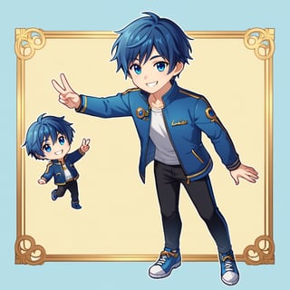 highly detailed ,high quality, beautiful, 1boy.solo(dark blue hair,short hair, blue jacket,blue eyes, full body,chibi,shoes,black pants, smile, love and peace)