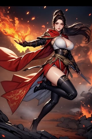 a stunning RPG game beauty, solo, long hair, brown eyes, jewelry, closed mouth, earrings, gloves, holding, full body, ponytail, red hair, fingerless gloves, yellow Sleeve rope, thighhighs, gloves, boots, hood, cape, high heels, thigh boots, fire, weapon jewelry staff, Apply spells to monsters, explosive spells, massive fire ball,girl