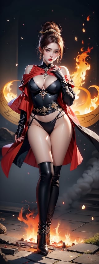 a stunning RPG game beauty, solo, long hair, brown eyes, jewelry, closed mouth, earrings, gloves, holding, full body, ponytail, red hair, fingerless gloves, yellow Sleeve rope, thighhighs, gloves, boots, hood, cape, high heels, thigh boots, fire, weapon jewelry staff, Apply spells to monsters, explosive spells, massive fire ball,girl