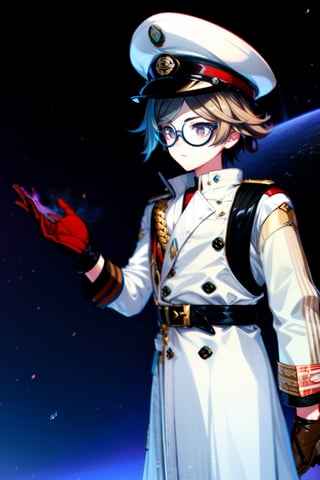 Hight Detailed, Hight Quality, Masterpiece,Beatifull,(Mediun long short),sole_male,Adjusting gloves,adjusting gloves, twenty year old young man, brown hair with irregular fragment white, brown amber eye color, tall, white Japanese military uniform, wears glasses, white captain's naval hat, white open trench coat, black belt, black shoes, space command center, detailed,