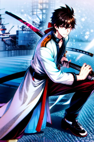 Hight Detailed, Hight Quality, Masterpiece,Beatifull,(Amercian short),sole_male,battoujutsu, futuristic katana, adult, twenty year old young man, brown hair with irregular fragment white, brown amber eye color, tall, white Japanese military uniform, wears glasses, white captain's naval hat, white open trench coat, black belt, black shoes, battleship, outer_space,