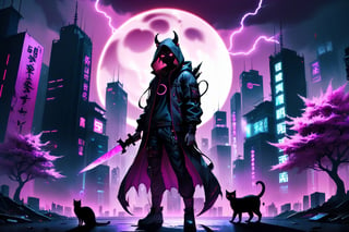 cyberpunk city, human shaped shadow, two daggers, standing in the middle and a moon behind him, hood, horns, add hood color: dark red, Sakura Tree, Purple background, buildings with neon lights, a black cat, HD, pink pupils, electric storm, 